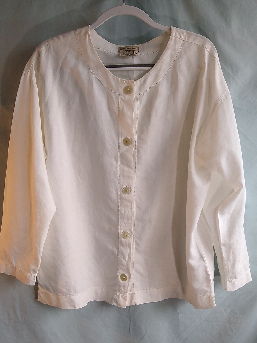 Vintage 90's Calvin Klein Sport M linen/cotton blouse w-mother-of-pearl buttons